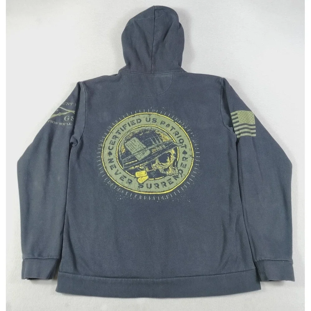 Grunt Style Hoodie Sweatshirt Mens Large Black Full Zip Skull Patriotic Military